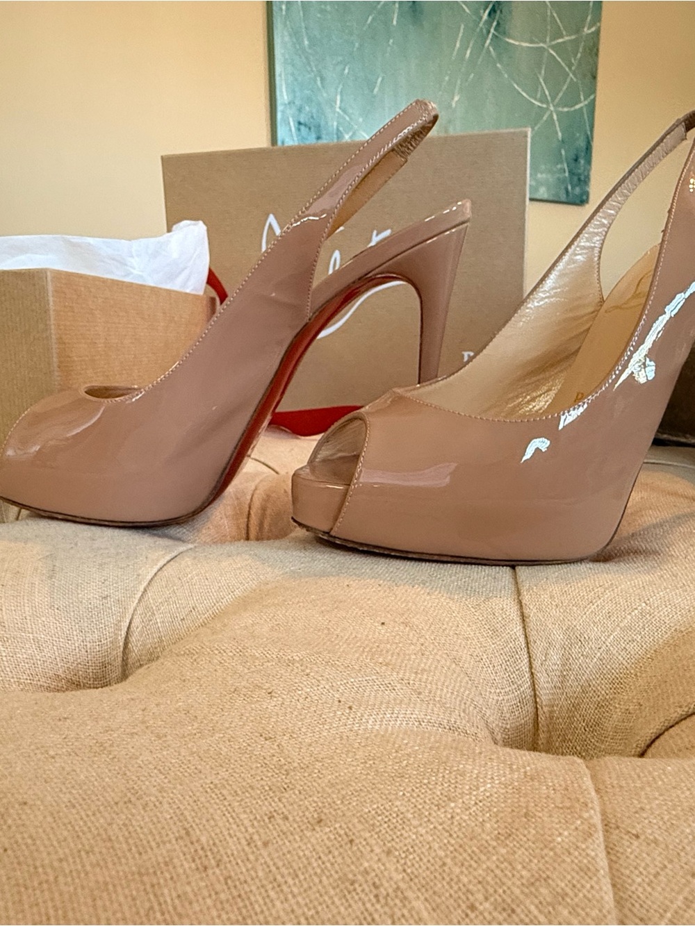 Christian Louboutin Nude Patent Peep-Toe Slingback Heels - Picture 7 of 9